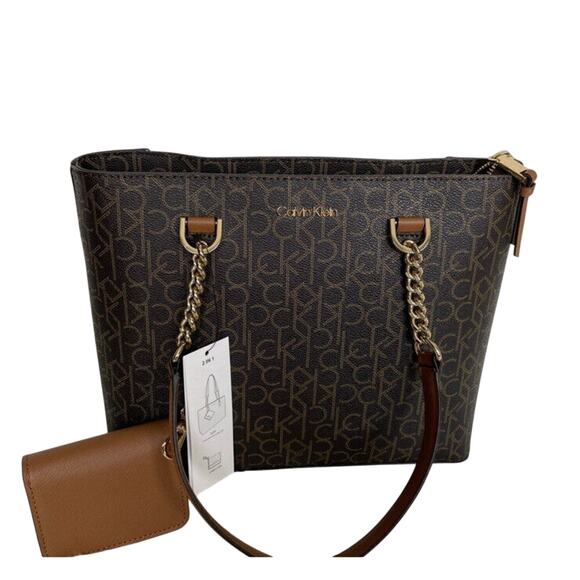 Brand New CK CALVIN KLEIN Handbag LOGO Brown Gold Shoulderbag Purse MSRP $168 - Picture 1 of 10